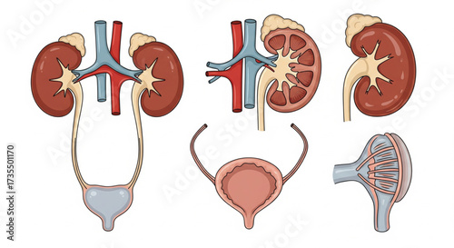 Illustration showing the human kidney, ureter, bladder, and internal structures in various views.