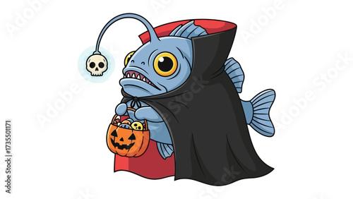 Spooky Anglerfish: A whimsical illustration of an anglerfish, playfully dressed in a vampire cape, ready for trick-or-treating, clutching a glowing pumpkin-shaped candy bucket.