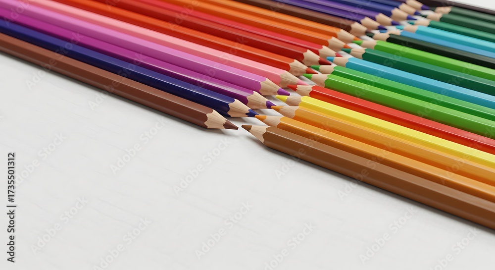 Fototapeta premium Vibrant Assortment of Sharpened Colored Pencils Arranged in Diagonal Rows