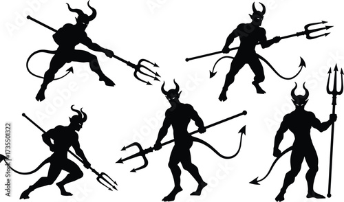 Silhouette collection of demons with horns, tridents, tails, fantasy devil characters, evil creature artwork, dark mythology vector illustration