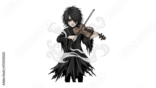 Melancholic Musician: In a grayscale illustration, a lone figure, cloaked in dark attire, intensely plays the violin, evoking a mood of somber elegance, framed against an enigmatic background.
