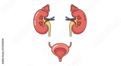 Illustration depicting the human kidneys, ureters, and bladder, showcasing the urinary system's components.
