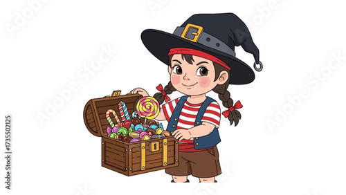 Girl with Treasure Chest: A delightful illustration captures a cheerful little girl in a pirate attire, opening a wooden chest overflowing with sweet treasures and treats.