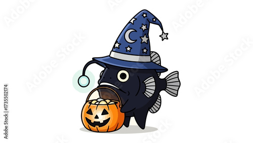 Halloween Anglerfish: An eerie and delightful Anglerfish dressed in a wizard hat, clutching a pumpkin basket. A whimsical illustration conjuring the spirit of Halloween.