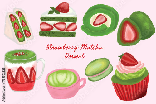 Hand Drawn Set of Matcha and Strawberry Desserts