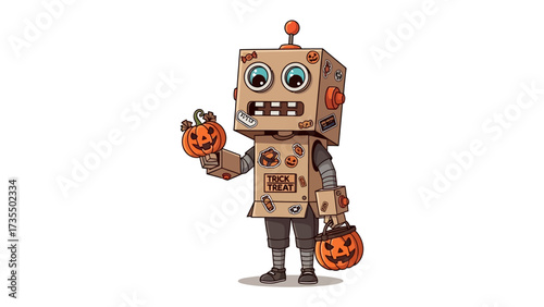 Cardboard Robot with Pumpkins: A whimsical cardboard robot with big, friendly eyes and an adorable pumpkin head stands ready for the joyous tradition. with charming vintage-inspired appeal.