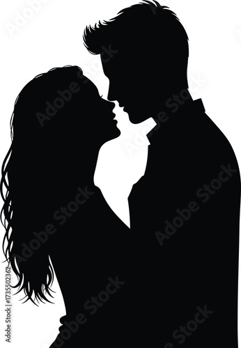 Silhouette of romantic couple in love, man and woman embracing, lovers standing close, relationship passion, intimacy affection black vector illustration