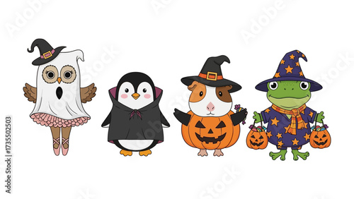 Whimsical Halloween Characters: A charming gathering of adorable cartoon characters, each dressed in whimsical Halloween costumes, radiates spooky joy and the essence of fall fun.