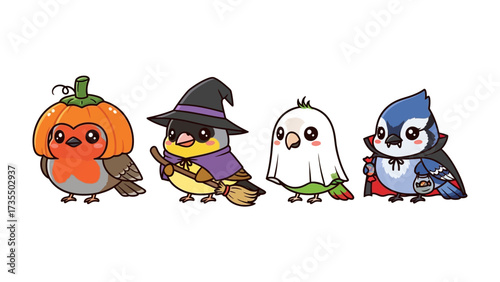 Whimsical Halloween Birds: A cheerful collection of animated birds in charming Halloween costumes, showcasing the playful spirit of the holiday through adorable illustrations.