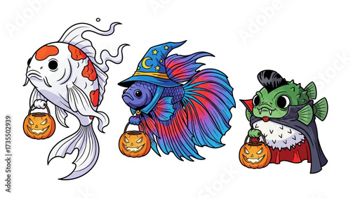 Halloween Fish: A trio of creatively designed, digitally enhanced aquatic creatures, each embodying a unique festive persona. A koi fish with a pumpkin pail, a wizard betta fish with a mystical flair.
