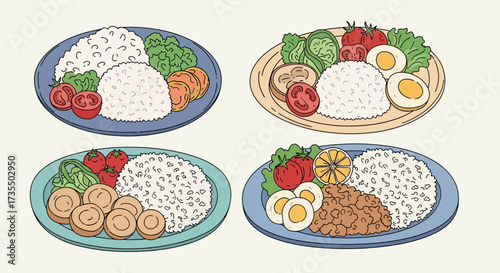 Collection of Illustrated Rice Plates with Vegetables, Eggs, and Protein. Healthy Eating Concept.
