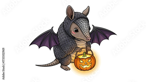 Armadillo in Halloween Costume: An adorable armadillo is dressed in a Halloween costume, holding a glowing jack-o'-lantern, ready for a night of spooky fun and celebration.