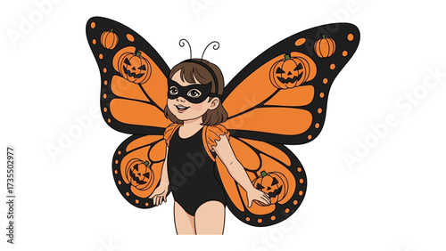 Spooky Butterfly: A charming young child, adorned in vibrant orange butterfly wings embellished with spooky jack-o'-lanterns and a mysterious mask, embodying the spirit of Halloween.
