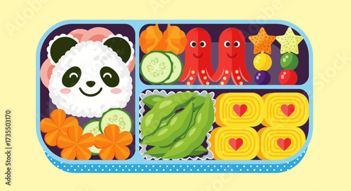Colorful bento box with panda and food.