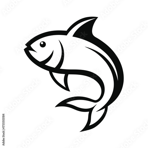 Black and White Stylized Icon of a Jumping Fish on White Background animal symbol