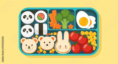 Colorful cartoon food in lunchbox with cute animals.