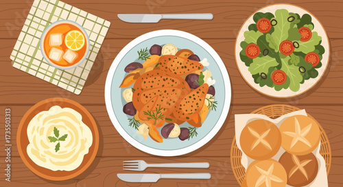 Gourmet Dinner Spread: Roasted Chicken, Fresh Salad, Mashed Potatoes, Bread Rolls, and Orange Juice on Rustic Wooden Table