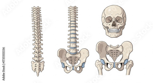 Anatomical illustration depicting the human spine, pelvis, and skull, showcasing skeletal structure.