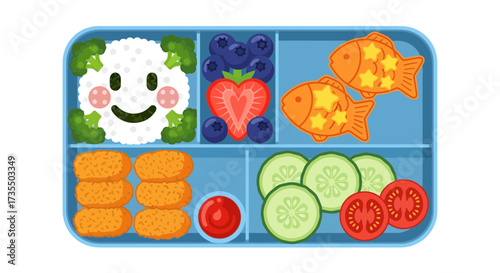 Healthy Kids Bento Box Meal Illustration with Cute Rice Face, Fresh Fruits, Vegetables, and Snacks. Fun School Lunch.