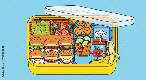 Cartoon lunchbox packed with a colorful assortment of healthy and fun foods: fruits, vegetables, mini burgers, and snacks for kids' meals