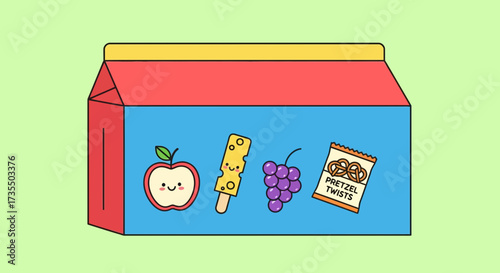 Colorful cartoon lunchbox with food icons.