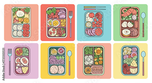 Colorful illustrations of various food plates.