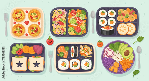 Colorful Healthy Lunchboxes and Bento Box Meals Flat Lay Illustration