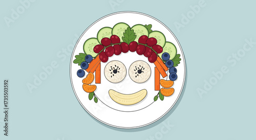 Colorful cartoon vegetable face on plate.