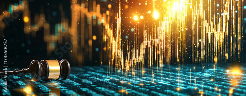 Gavel signifies justice and legal decision making amidst dynamic digital financial market growth and data streams