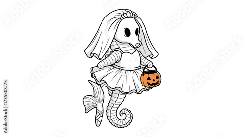 Halloween seahorse: An illustration depicting a charming seahorse dressed in a bridal gown, carrying a miniature pumpkin bucket, perfect for Halloween and whimsical themes.