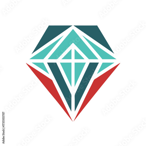 Geometric Diamond Shape Logo with Teal Blue and Red Accents on White jewel precious stone