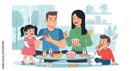 Happy family having a movie night together at home with snacks.