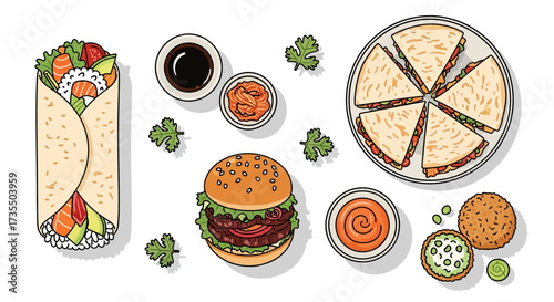 Diverse Fast Casual Food Illustration with Sushi Burrito, Burger, Quesadillas, and Dips