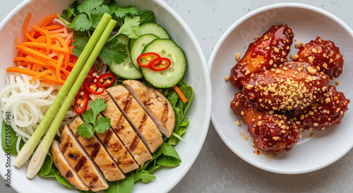 Grilled Chicken Salad Bowl with Noodles and Fresh Vegetables, Accompanied by Sticky Sweet and Spicy Chicken Wings