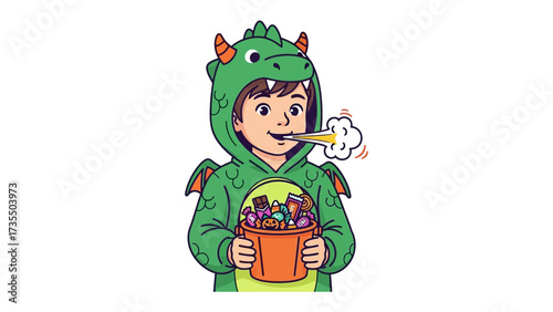 Young Dragon's Halloween Treat: An illustrated, young boy, brimming with joy, in a captivating dragon costume, exhales an imaginary flame while holding a brimming trick-or-treat bucket.