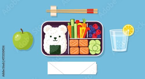 Cute Bear Bento Box Lunch Illustration with Healthy Japanese Meal Elements