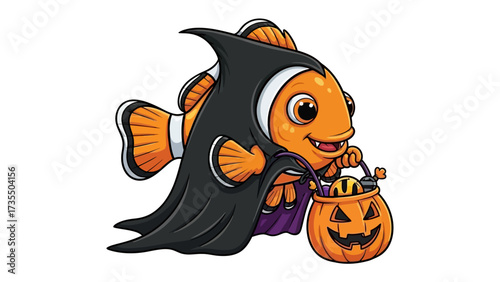 Halloween Clownfish Delight: An enchanting illustration features a vibrant clownfish playfully dressed as a vampire, clutching a Jack-o'-lantern candy basket.