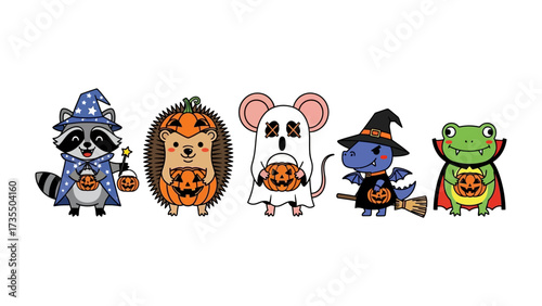 Whimsical Halloween Parade: An enchanting illustration capturing adorable cartoon animal characters, each dressed in a unique Halloween costume, carrying miniature pumpkin lanterns.