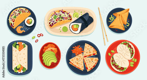 Diverse International Cuisine Flat Lay. Collection of Global Food Dishes: Tacos, Sushi, Samosas, Wraps, Quesadillas, Bao Buns.