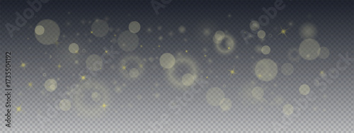 Soft gold light bokeh background with dispersed glitter flecks. Transparent texture displays faded circles, starbursts, and dust particles with warm glow. Vector overlay for luxury graphics.