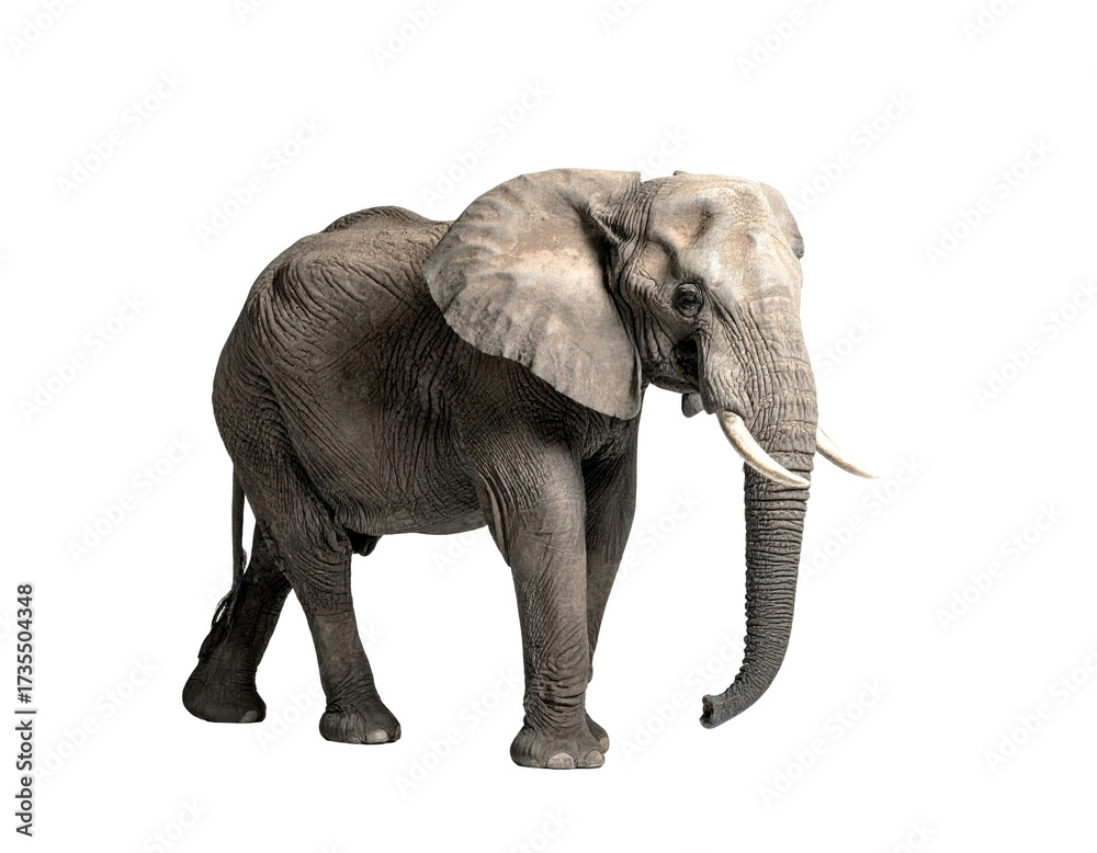 Fototapeta premium An African elephant isolated on a black background, full side view