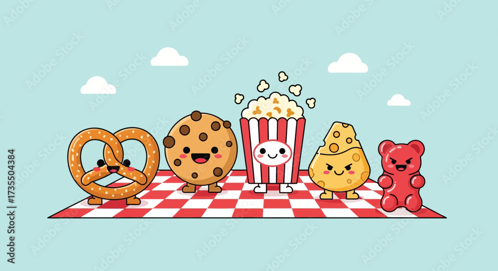 Fototapeta premium Colorful cartoon snacks on a checkered tablecloth with smiling faces.