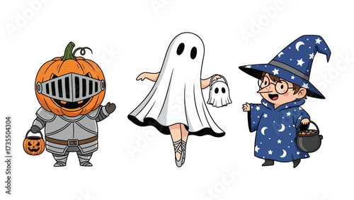 Whimsical Halloween Trio: A charming illustration featuring three festive characters in elaborate costumes, exuding the playful spirit of All Hallows' Eve. 