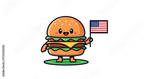 Smiling cartoon burger holding American flag, celebrating USA food and patriotism