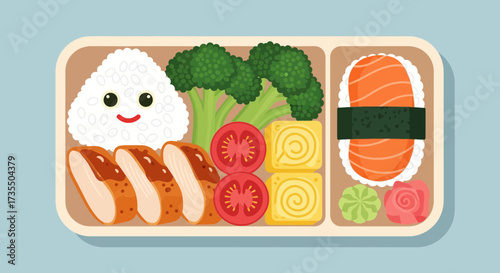 Colorful Cartoon Japanese Bento Box with Rice and Sushi.