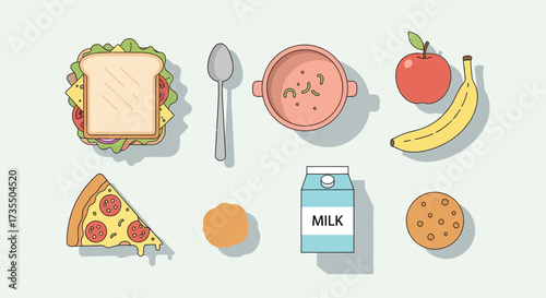 Flat vector illustration of common food items, snacks, and drinks. Everyday meal essentials like sandwich, pizza, fruit, milk, and soup.