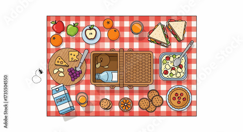 Top View Picnic Spread Illustration with Food, Drinks, and Basket on Red Checkered Blanket. Outdoor Summer Meal Concept.