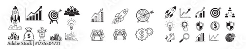 Business money sketch idea icon set. Hand drawn sketch elements for startup, project, goal and teamwork. Business graphic chart, rocket, growth marketing concept in chalk style on white background-02.
