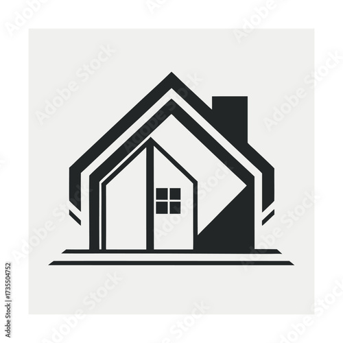 Stylized dark house logo with chimney and window details on light grey background