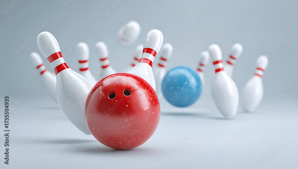 Naklejka premium 3d rendering of a bowling ball hitting pins with confetti
